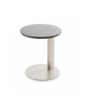 Pristumiamas šoninis staliukas apvaliu stalviršiu ir plienine baze