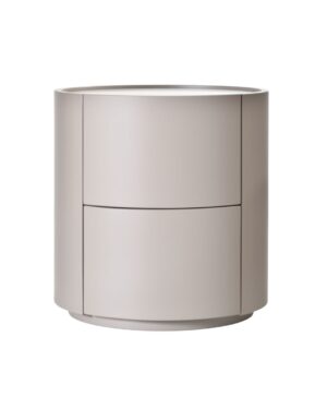 Apvali kreminės spalvos naktinė spintelė su dviem stalčiukais, minimalistinio stiliaus