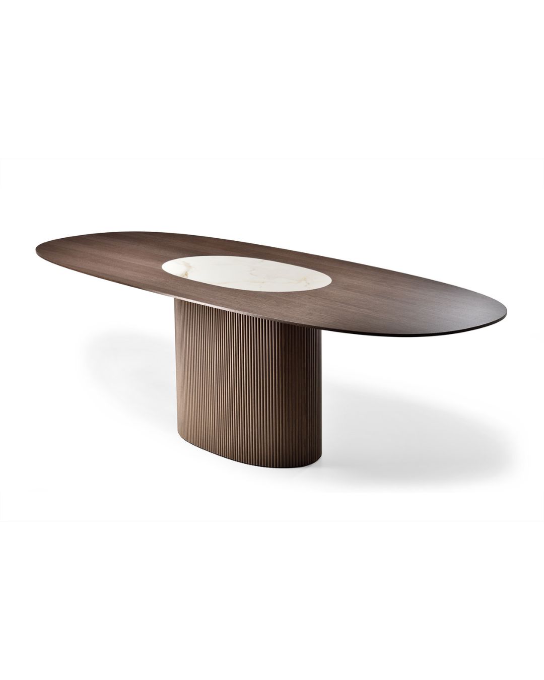 Rudos spalvos ovalus medinis stalas su keramikos intarpu ant vienos kojos