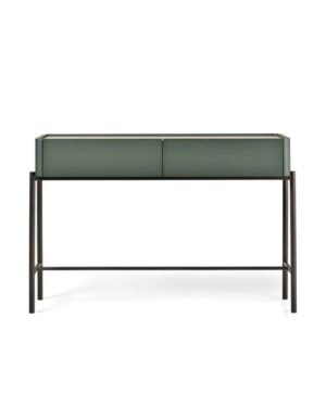 Modernaus dizaino tamsiai žalia konsolė su metalinėmis kojelėmis ir aukso spalvos keramikiniu stalviršiu