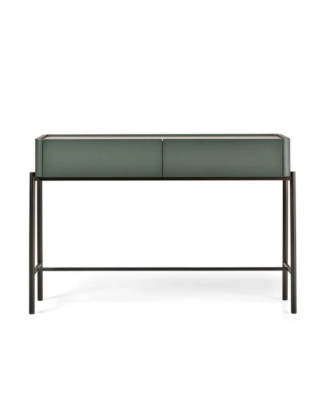 Modernaus dizaino tamsiai žalia konsolė su metalinėmis kojelėmis ir aukso spalvos keramikiniu stalviršiu