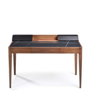 Darbo stalas mediniu rėmu ir juodo marmuro keramikiniu stalviršiu