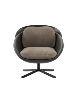 Minimalistinių formų apvalus foteliukas tamsiu audiniu baltame fone