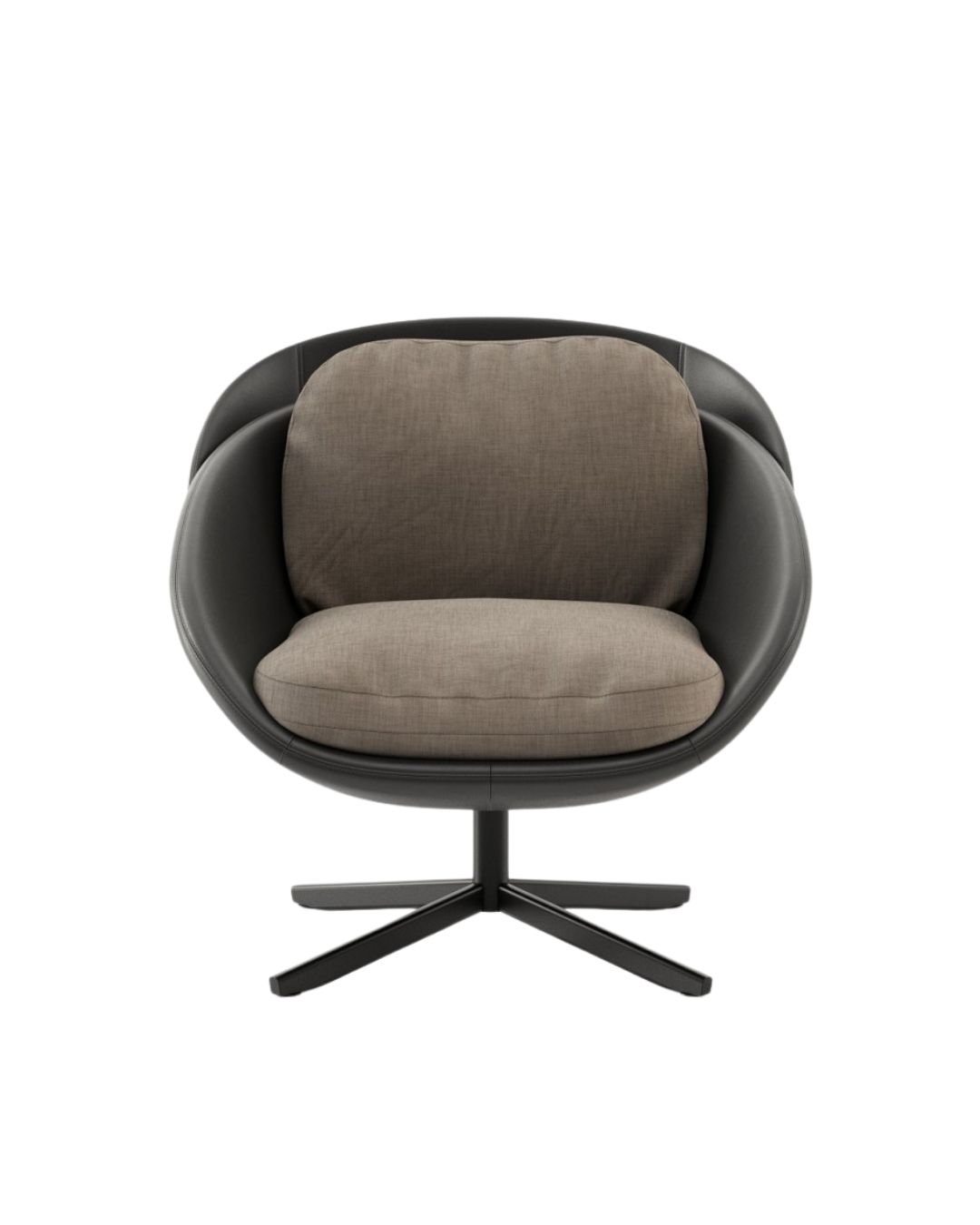 Minimalistinių formų apvalus foteliukas tamsiu audiniu baltame fone