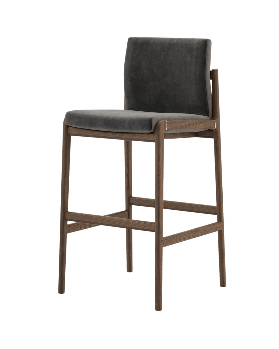 Baro kėdė mediniu rėmu ir tamsiai pilku audiniu. Nuotrauka baltame fone