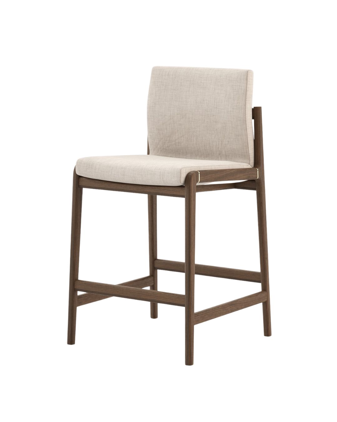 Pusbario kėdė mediniu rėmu ir šviesiu audiniu baltame fone