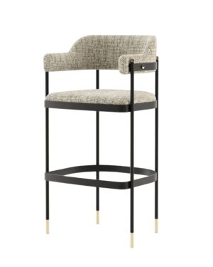 Baro kėdė metalinėmis kojelėmis ir margu audiniu baltame fone