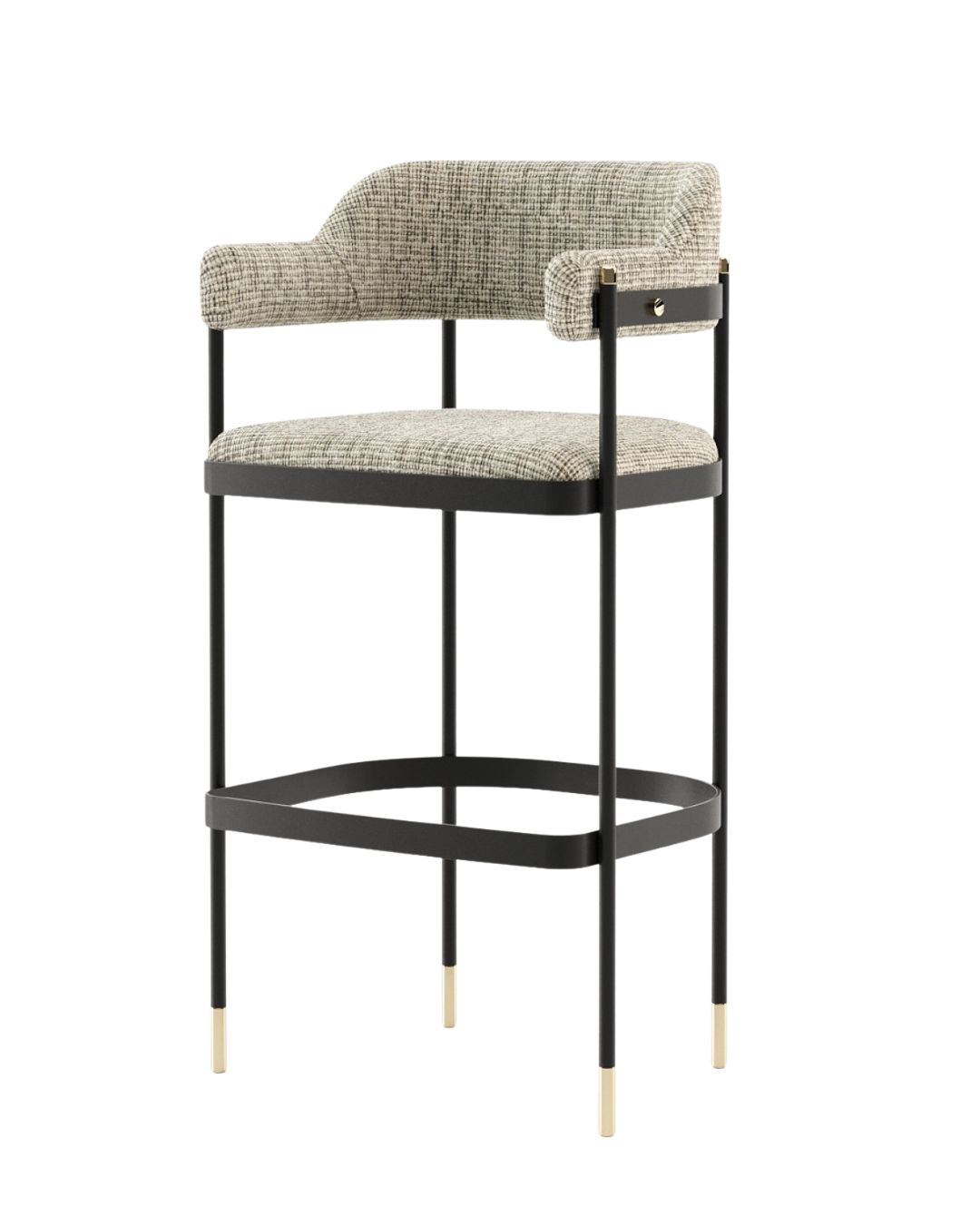 Baro kėdė metalinėmis kojelėmis ir margu audiniu baltame fone