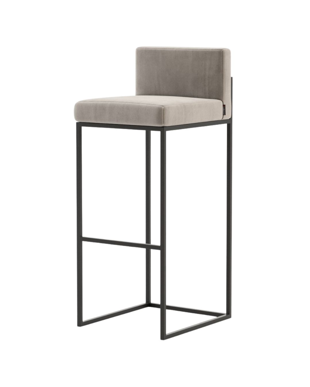 Minimalistinio dizaino baro kėdė su metaliniu rėmu ir rusvu audiniu