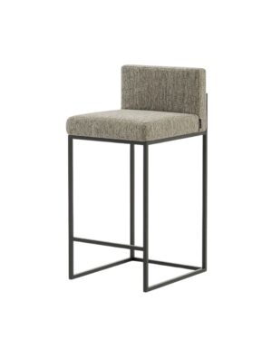 Minimalistinio dizaino baro kėdė su metaliniu rėmu ir rusvu audiniu