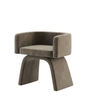 Moderni kėdė su žemu atlošu ir vientisu minkštu audiniu aptrauktais porankiais, stovi ant išraiškingų, plačių arkinių kojų. Kėdė yra rudos spalvos, su aksominio paviršiaus tekstūra.