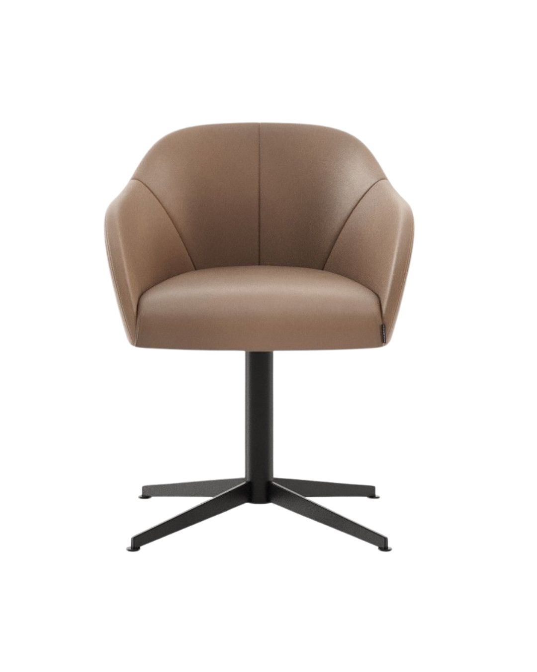 Moderni darbo kėdė su žema, šiek tiek išlenkta nugarėle ir porankiais, aptraukta šviesiai rudos spalvos oda. Kėdė stovi ant juodo, metalinio, kryžminio pagrindo su keturiomis kojelėmis.