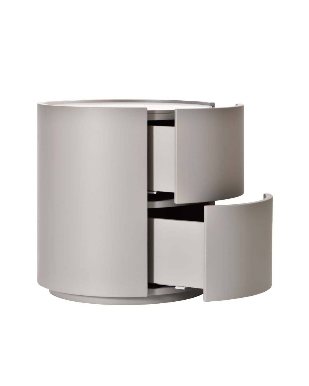 Apvali kreminės spalvos naktinė spintelė su dviem stalčiukais, minimalistinio stiliaus