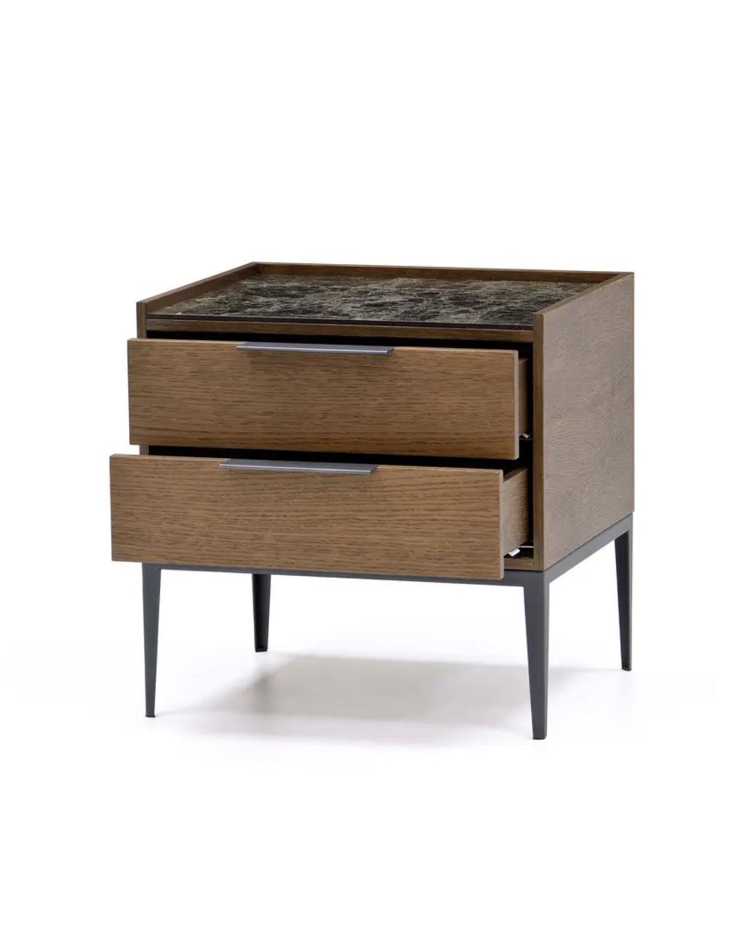 Minimalistinio dizaino naktinė spintelė faneruotu paviršiumi, keramikiniu stalviršiu ir aukšomis metalinėmis kojelėmis