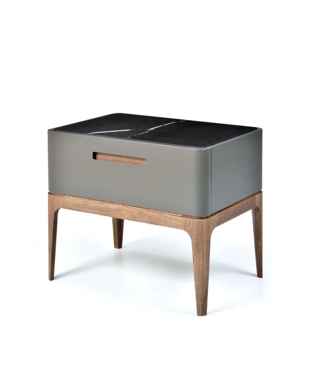 Modernaus dizaino naktinis stlaiukas su kreamikos stalviršiu ir dažyto mdf korpusu. Kojelės - medinės