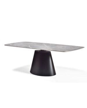 Modernus valgomojo stalas su juoda baze ir stačiakampio formos keramikiniu stalviršiu