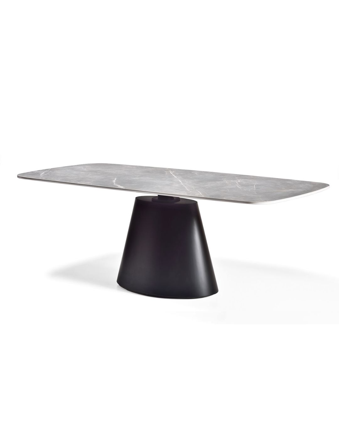 Modernus valgomojo stalas su juoda baze ir stačiakampio formos keramikiniu stalviršiu