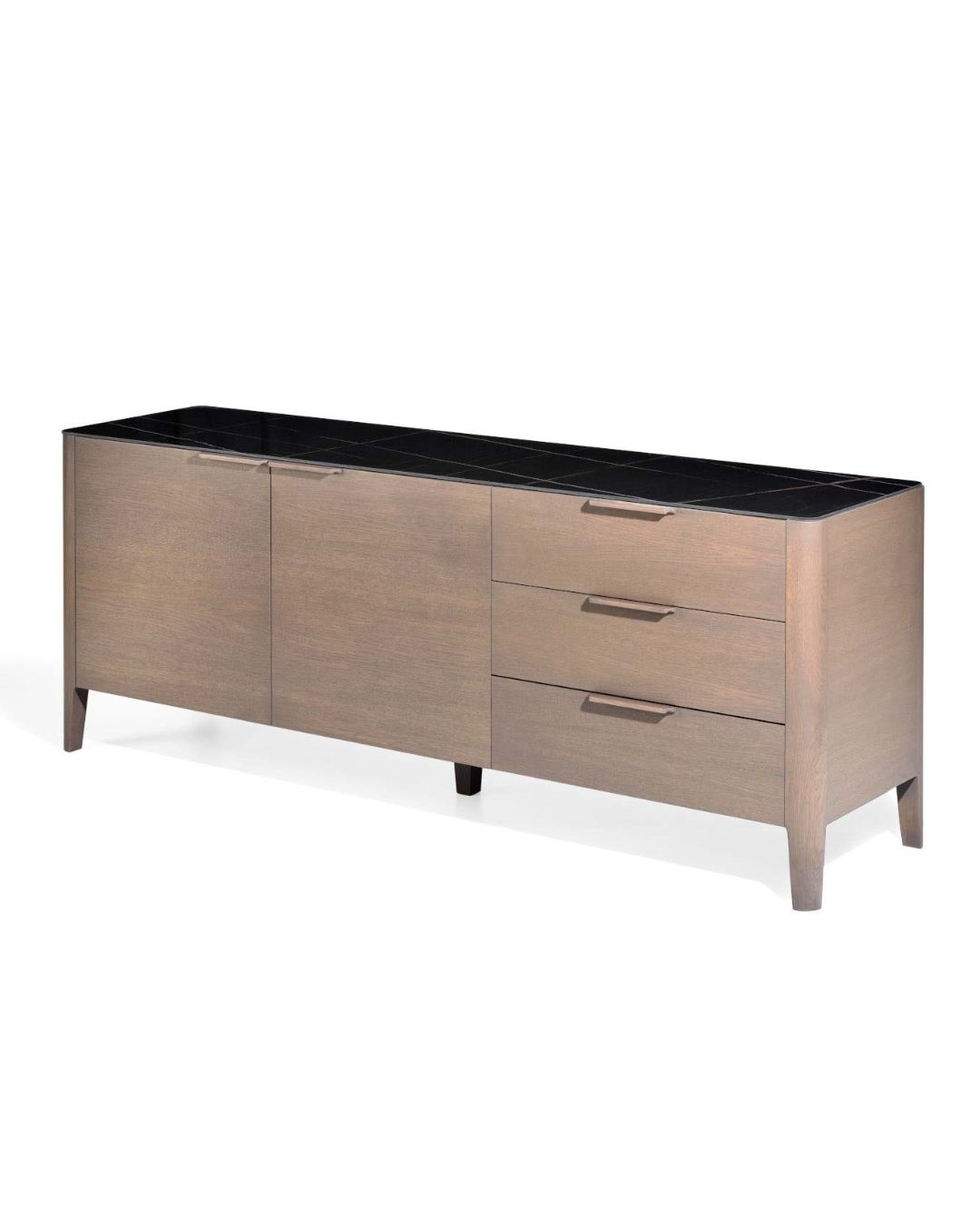 Klasikinio stiliaus komoda iš medžio su spintelėmis ir stalčiais. Stalviršis - juoda keramika