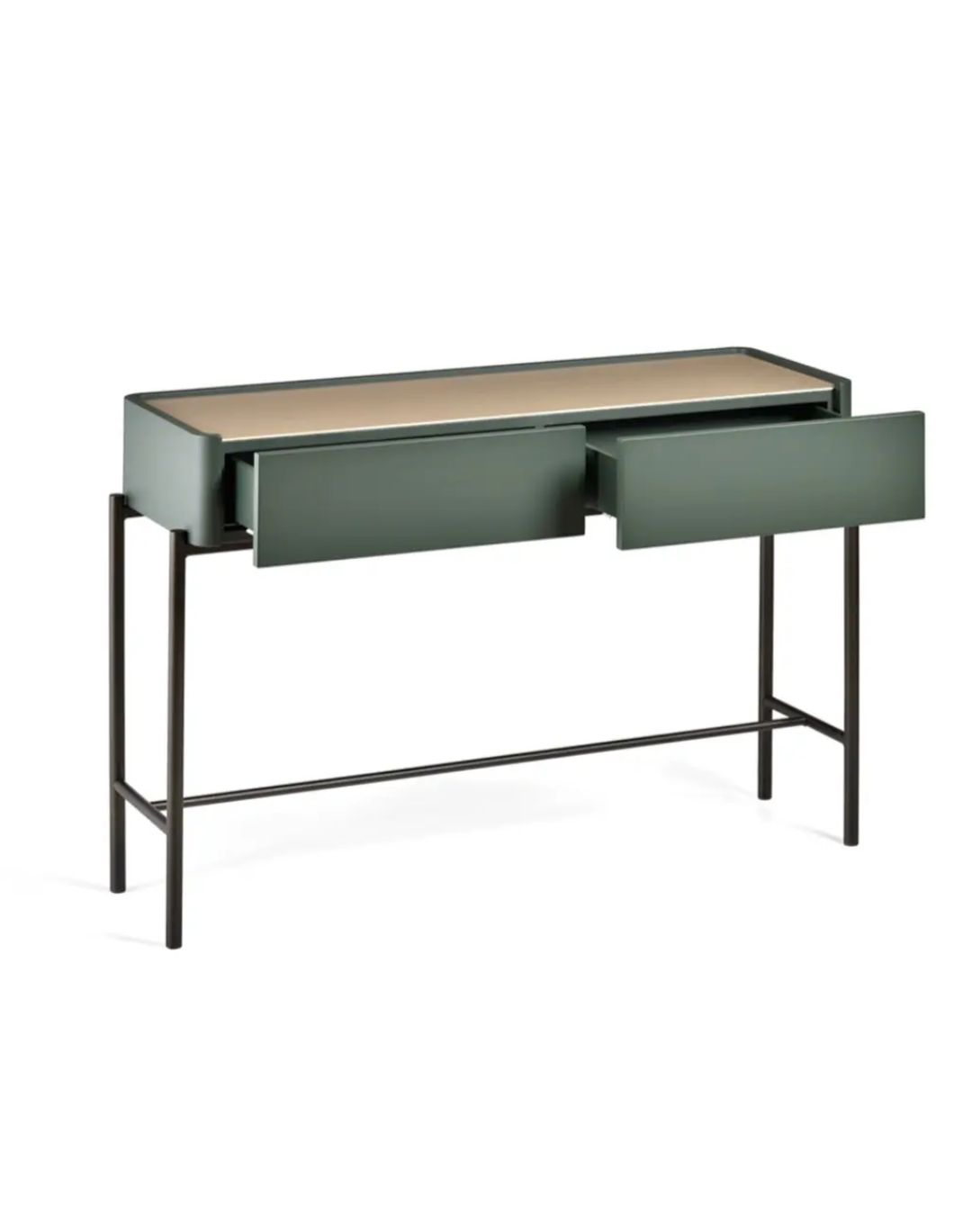 Modernaus dizaino tamsiai žalia konsolė su metalinėmis kojelėmis ir aukso spalvos keramikiniu stalviršiu