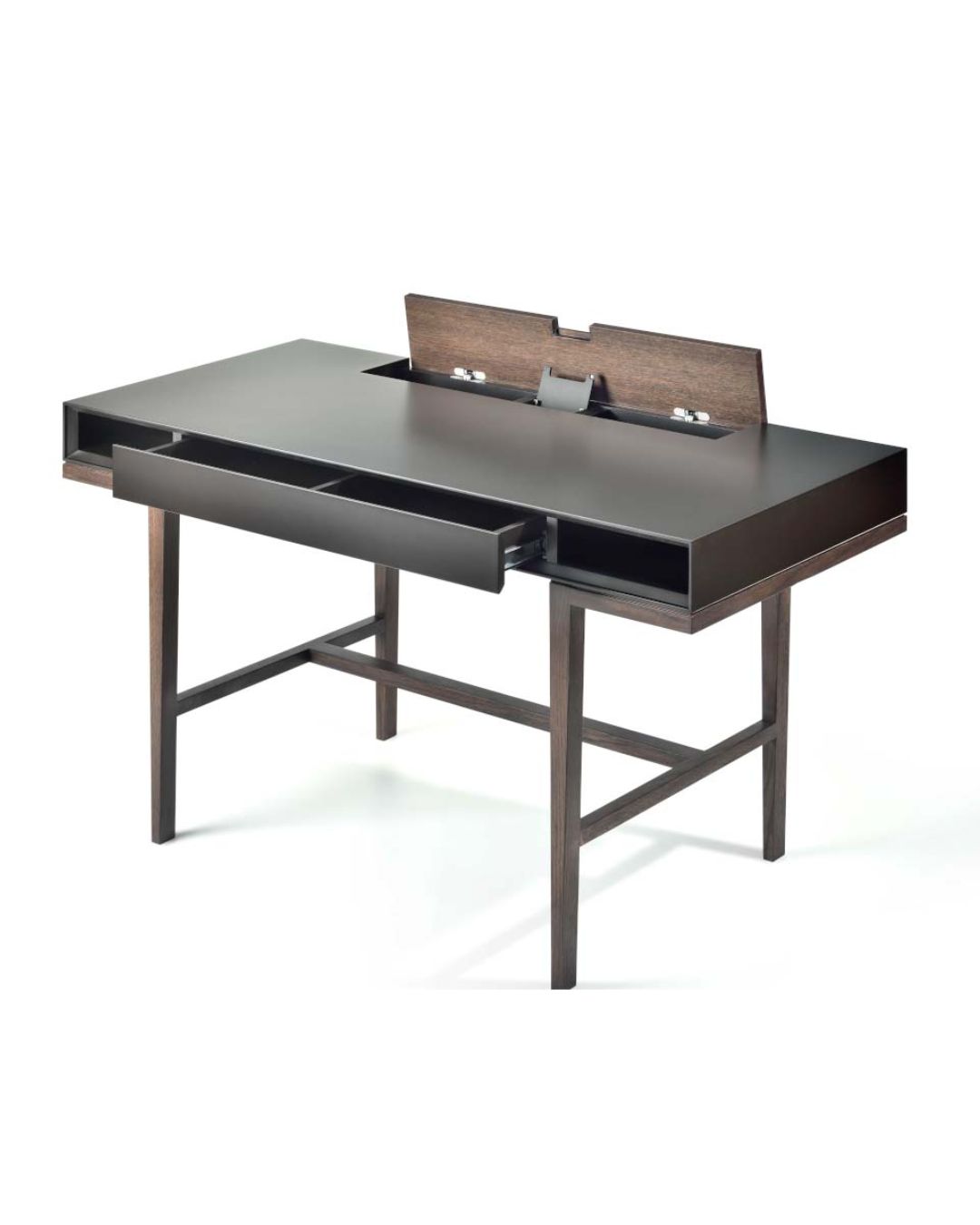 Klasikinio stalo darbo stalas su medinėmis kojelėmis ir tamsiu dažyto MDF stalviršiu