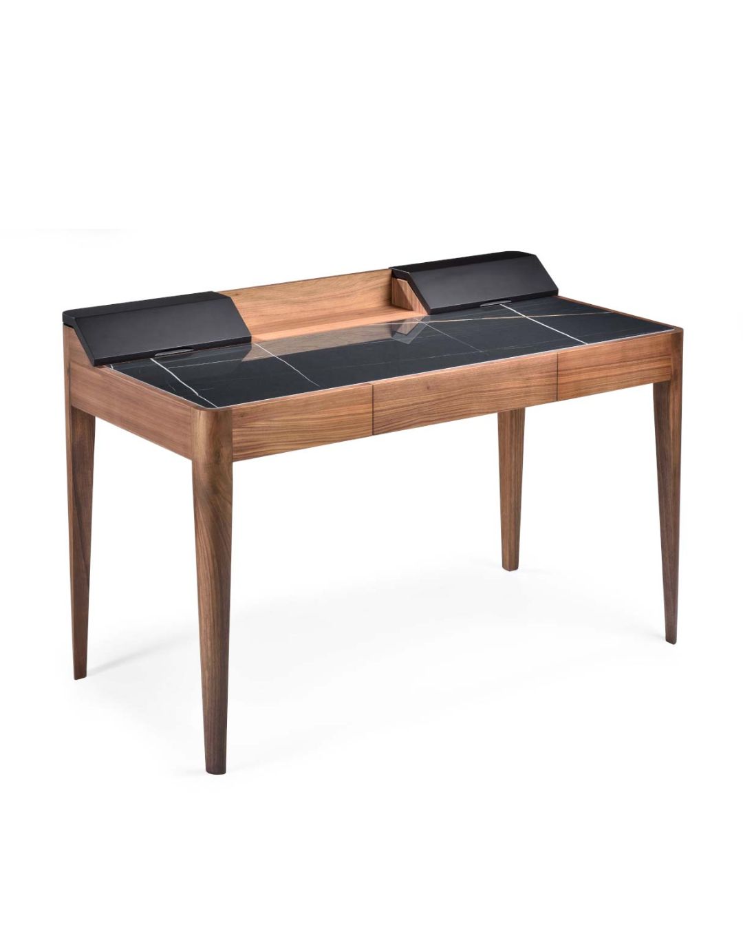 Darbo stalas mediniu rėmu ir juodo marmuro keramikiniu stalviršiu
