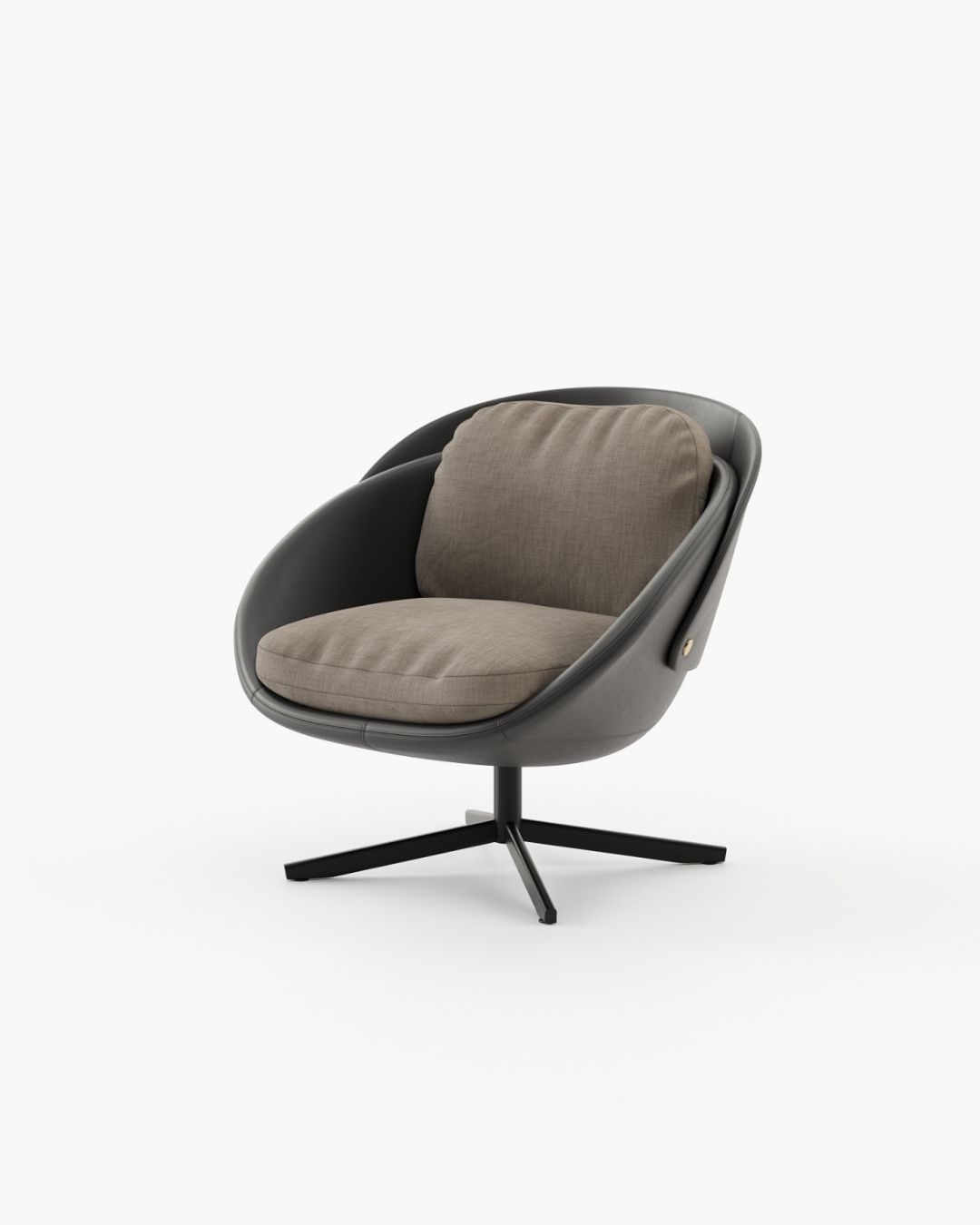 Minimalistinių formų apvalus foteliukas tamsiu audiniu baltame fone