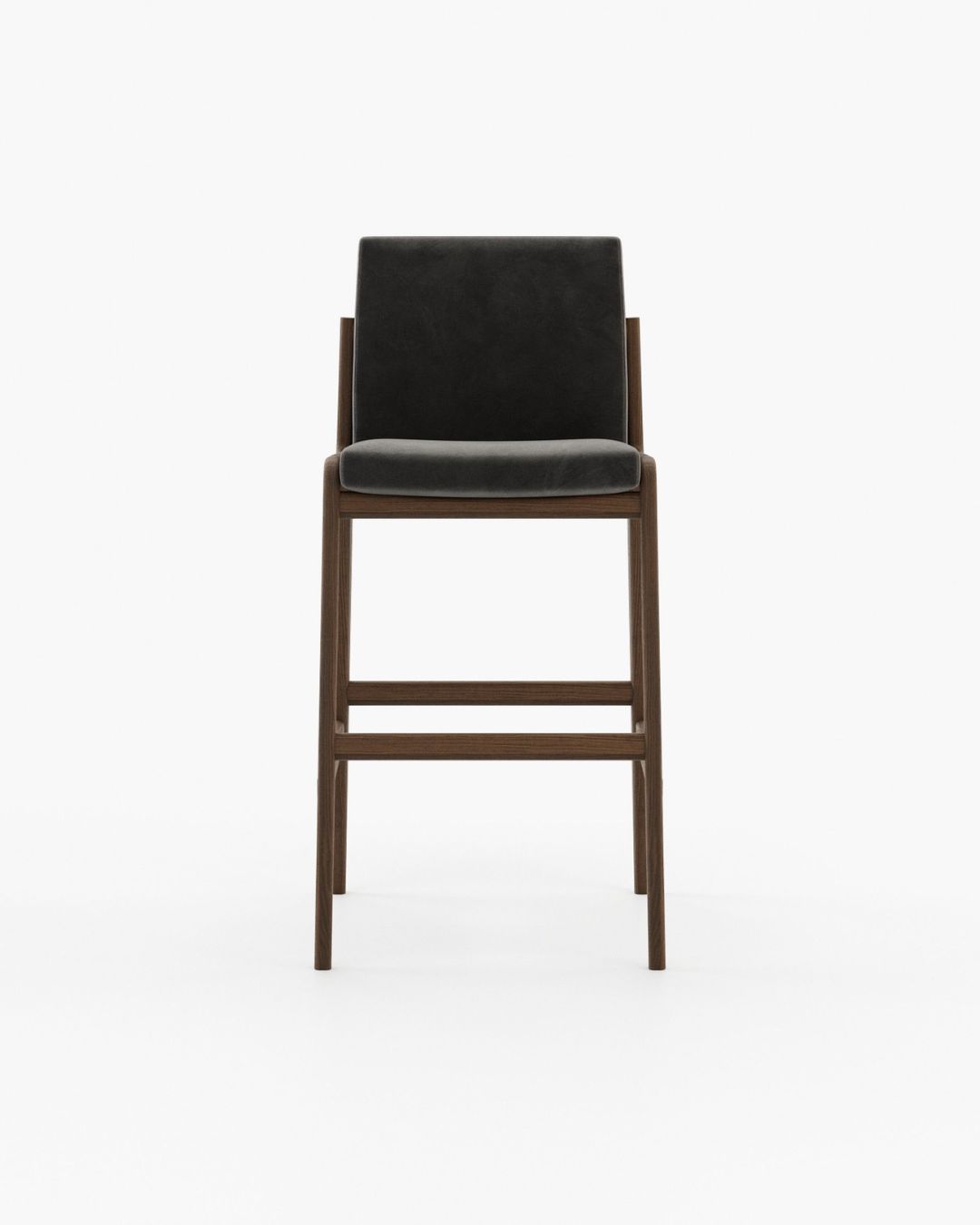 Baro kėdė mediniu rėmu ir tamsiai pilku audiniu. Nuotrauka baltame fone