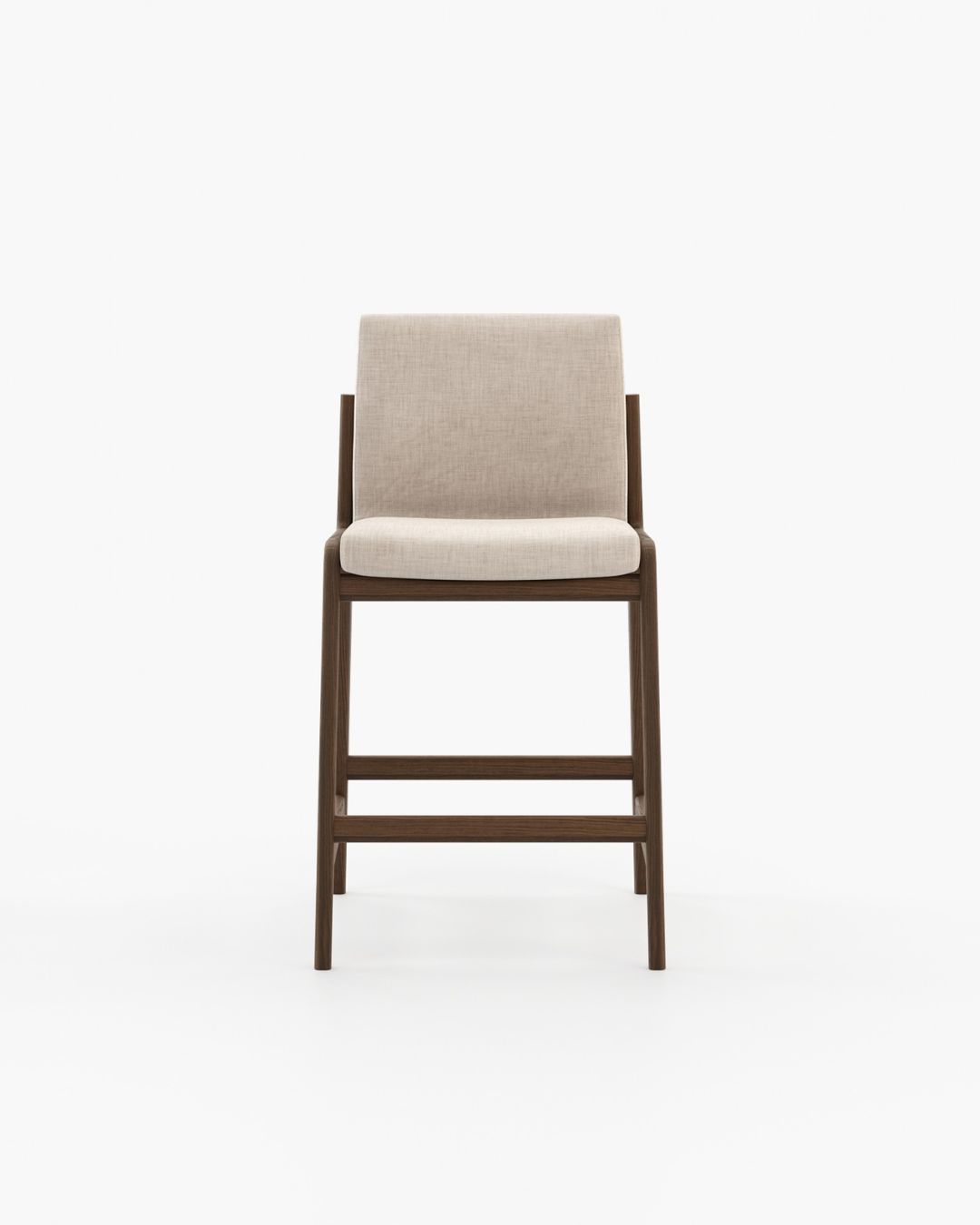 Pusbario kėdė mediniu rėmu ir šviesiu audiniu baltame fone