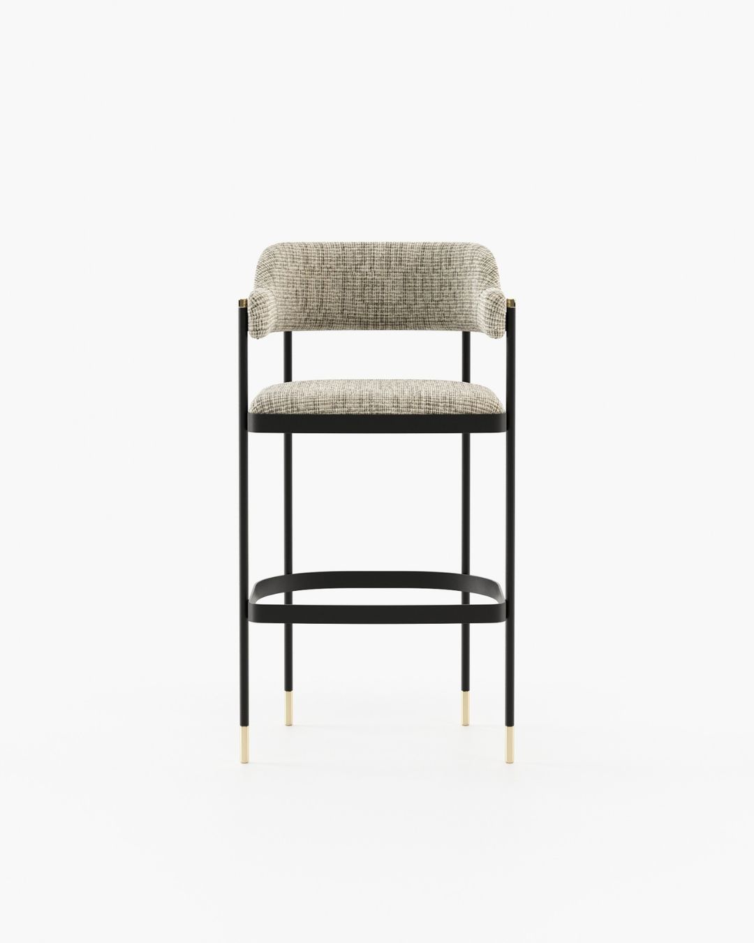 Baro kėdė metalinėmis kojelėmis ir margu audiniu baltame fone