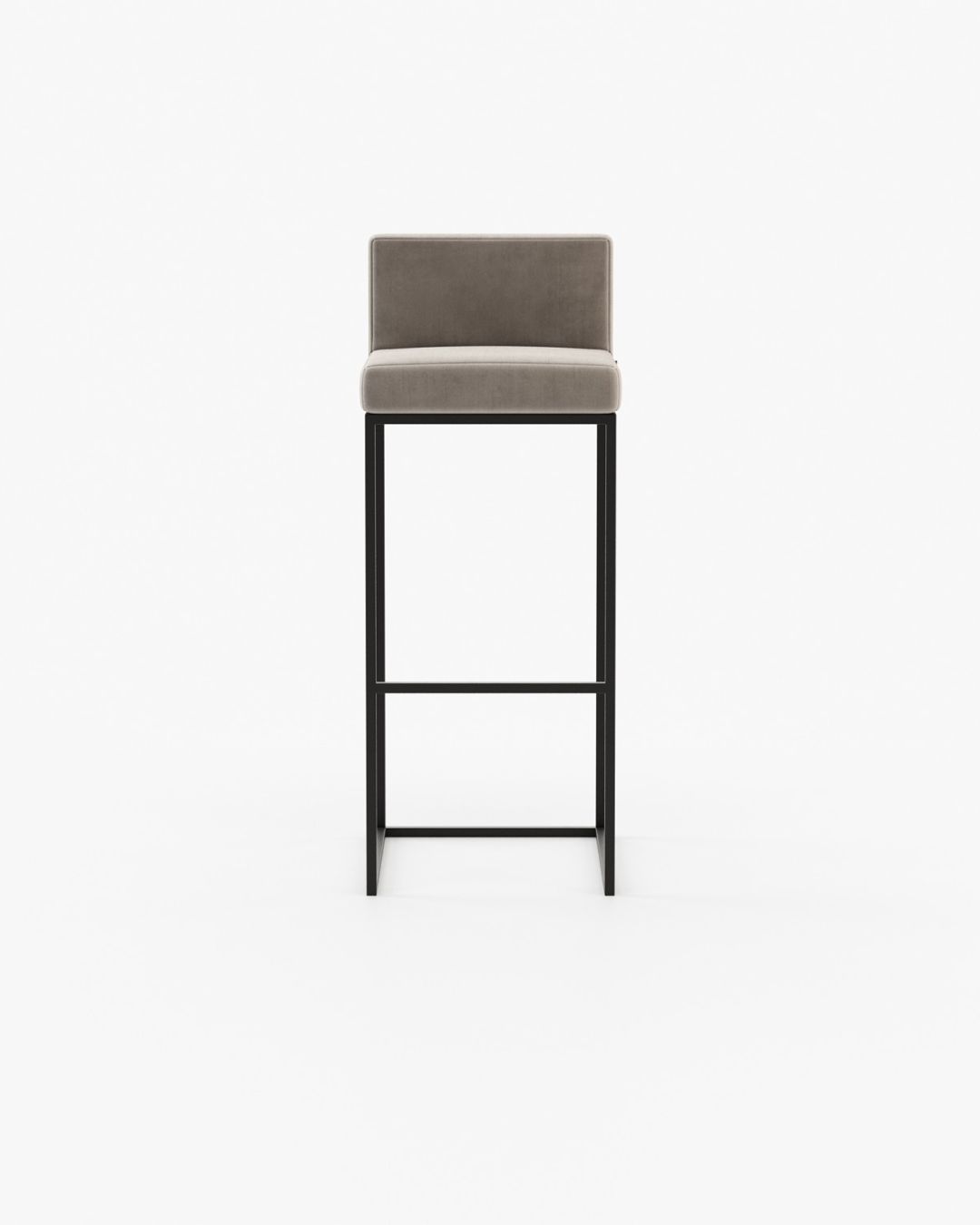Minimalistinio dizaino baro kėdė su metaliniu rėmu ir rusvu audiniu