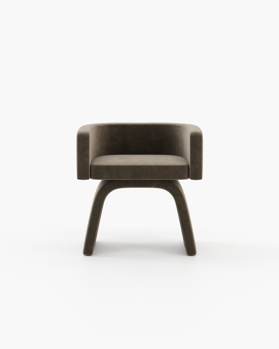 Moderni kėdė su žemu atlošu ir vientisu minkštu audiniu aptrauktais porankiais, stovi ant išraiškingų, plačių arkinių kojų. Kėdė yra rudos spalvos, su aksominio paviršiaus tekstūra.