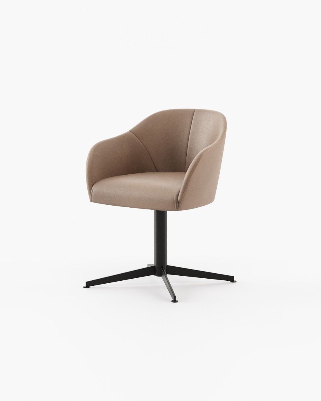 Moderni darbo kėdė su žema, šiek tiek išlenkta nugarėle ir porankiais, aptraukta šviesiai rudos spalvos oda. Kėdė stovi ant juodo, metalinio, kryžminio pagrindo su keturiomis kojelėmis.