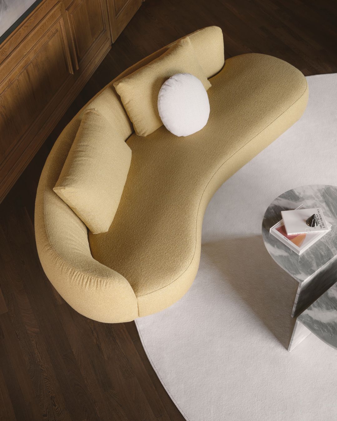 Lenktų fornų itališka sofa su pranbangiu audiniu