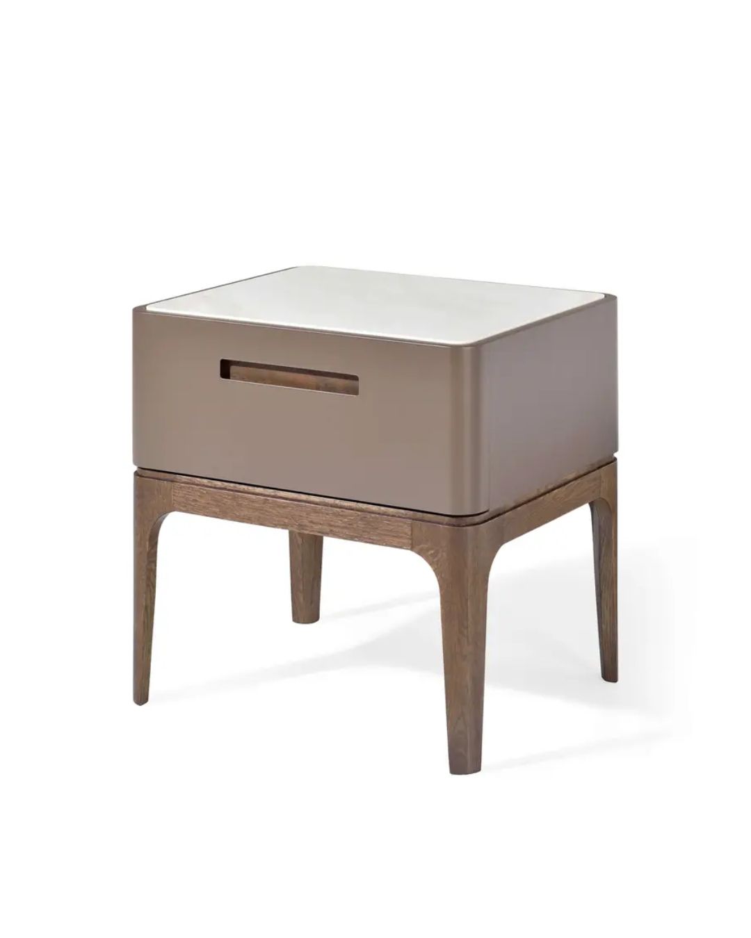 Modernaus dizaino naktinis stlaiukas su kreamikos stalviršiu ir dažyto mdf korpusu. Kojelės - medinės