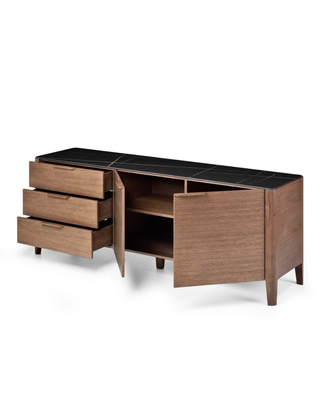 Klasikinio stiliaus komoda iš medžio su spintelėmis ir stalčiais. Stalviršis - juoda keramika