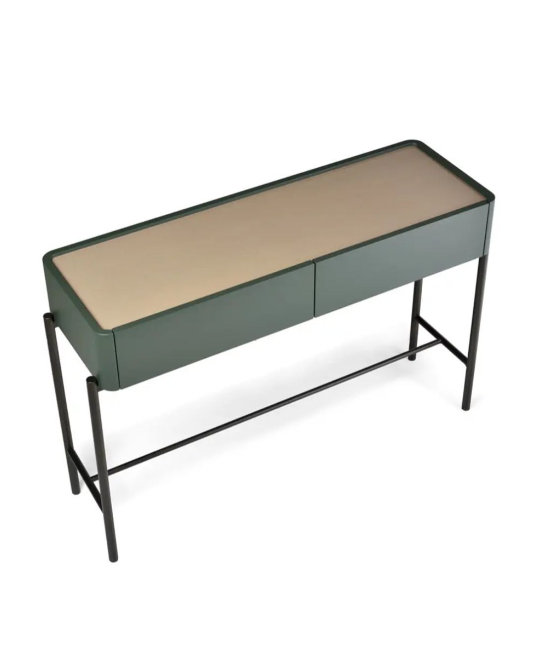 Modernaus dizaino tamsiai žalia konsolė su metalinėmis kojelėmis ir aukso spalvos keramikiniu stalviršiu