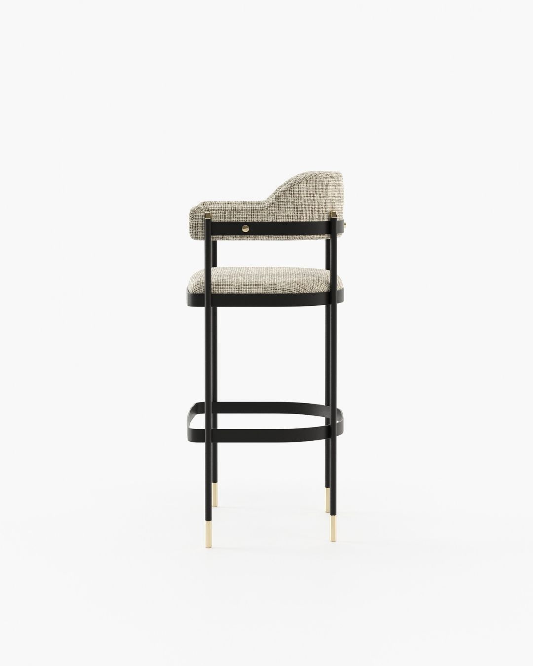 Baro kėdė metalinėmis kojelėmis ir margu audiniu baltame fone