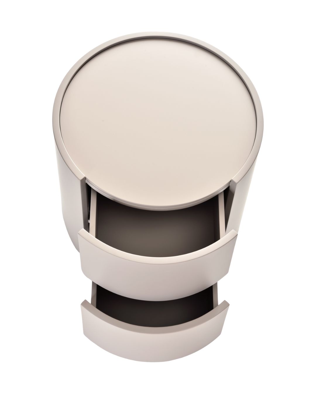 Apvali kreminės spalvos naktinė spintelė su dviem stalčiukais, minimalistinio stiliaus