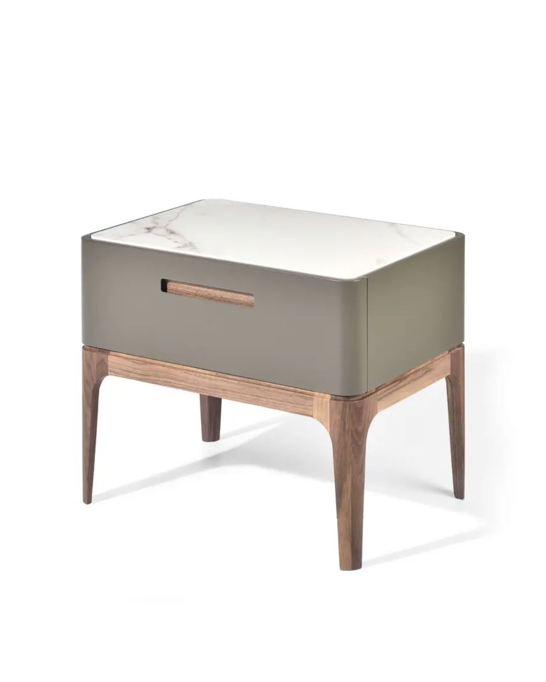 Modernaus dizaino naktinis stlaiukas su kreamikos stalviršiu ir dažyto mdf korpusu. Kojelės - medinės