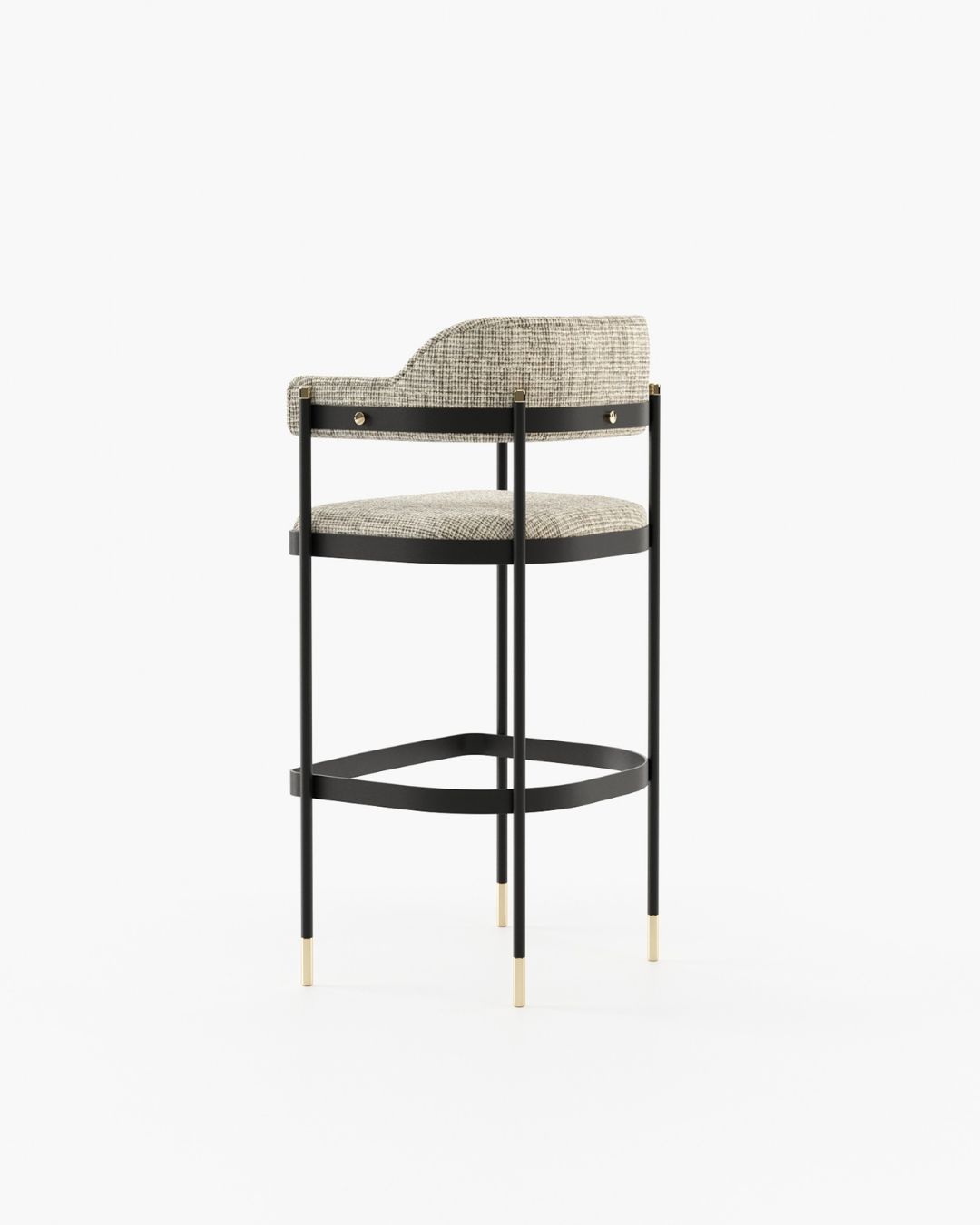 Baro kėdė metalinėmis kojelėmis ir margu audiniu baltame fone