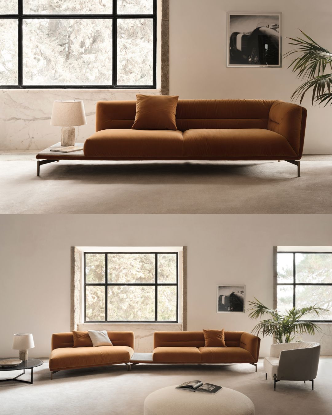 Moderni Art Deco stiliaus oranžinės spalvos veliūrinė sofa su plonomis metalinėmis kojelėmis