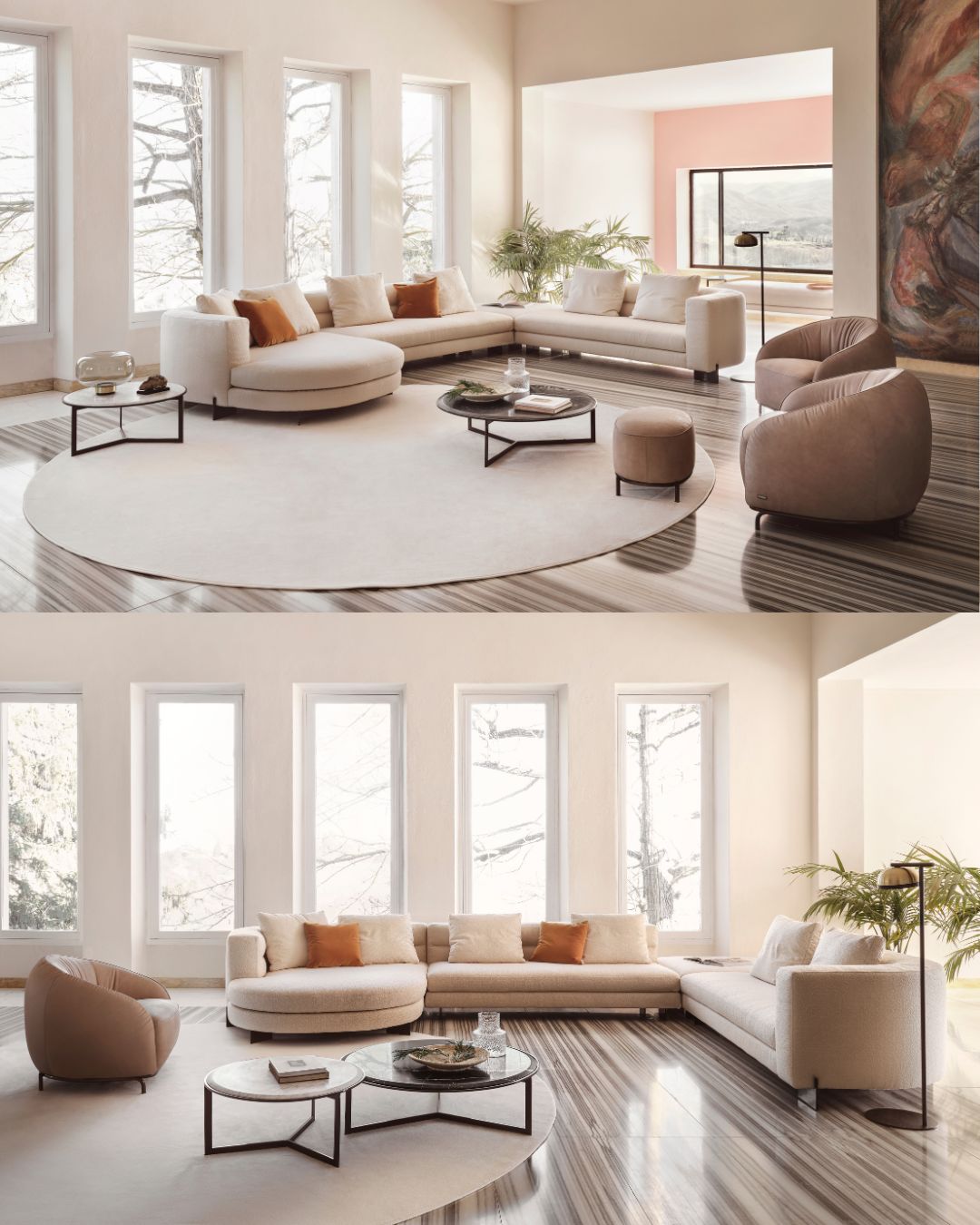 Balta kampinė sofa apvalintais kampais - nuotrauka interjere