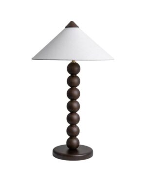 Archie stalinis šviestuvas – bazė iš dūminio ąžuolo, konusinis tekstilinis gaubtas su mediniu dangteliu