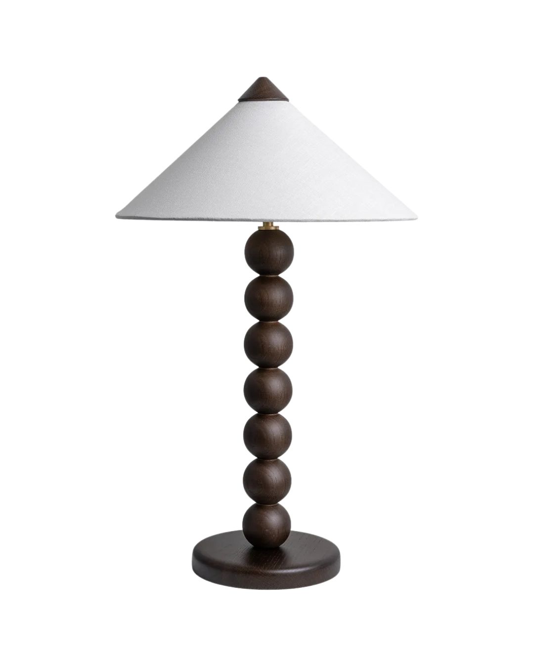 Archie stalinis šviestuvas – bazė iš dūminio ąžuolo, konusinis tekstilinis gaubtas su mediniu dangteliu