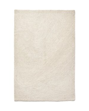 Didelis baltas kilimas Orma – abstrakčiu raštu iš vilnos ir džiuto, švelnios tekstūros moderniam interjerui.