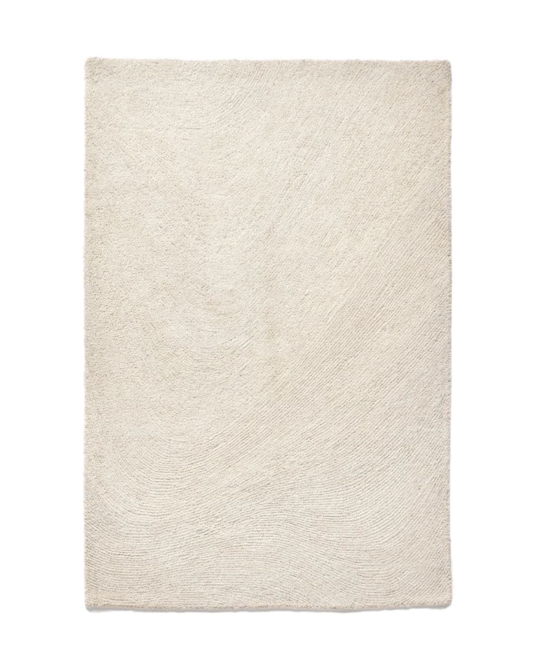 Didelis baltas kilimas Orma – abstrakčiu raštu iš vilnos ir džiuto, švelnios tekstūros moderniam interjerui.