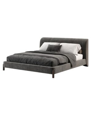 Moderni dvigulė lova su žemu lenktu galvūgaliu, tamsiai pilkos spalvos patalynė