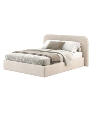 Šviesi dvigulė lova apvalių formų galvūgaliu