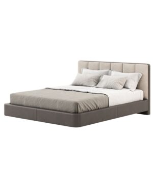 Moderni dvigulė lova su aukštu segmentuotu galvūgaliu, aptraukta šviesiu audiniu, ir tamsiu minimalistiniu rėmu