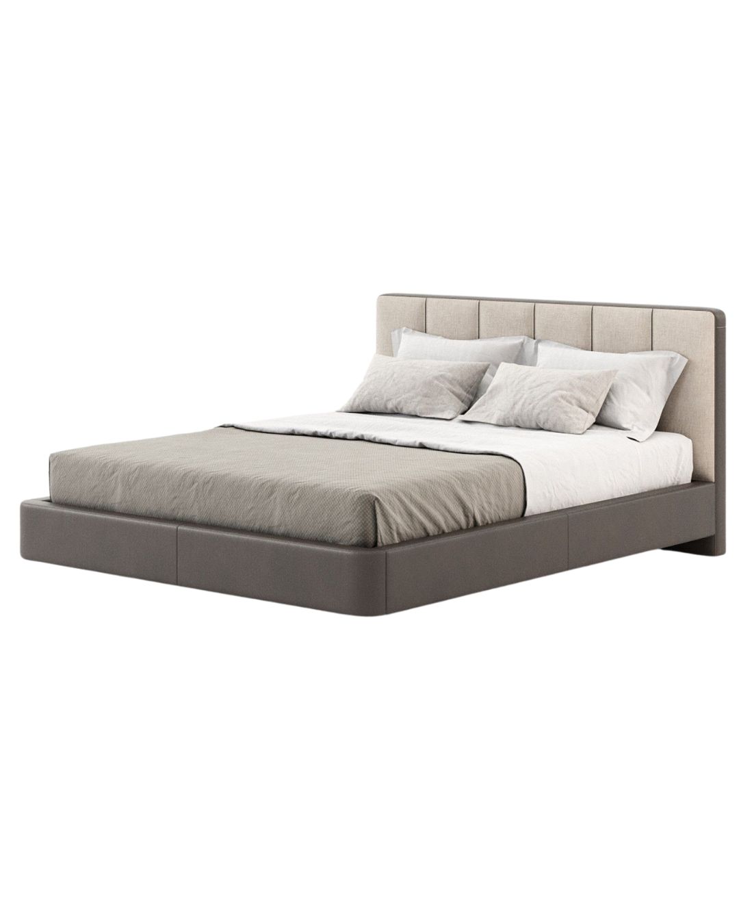 Moderni dvigulė lova su aukštu segmentuotu galvūgaliu, aptraukta šviesiu audiniu, ir tamsiu minimalistiniu rėmu